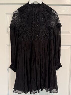 Free People NWT Black Lace Beaded Whimsigoth Witchy High Neck Mini Chiffon Dress